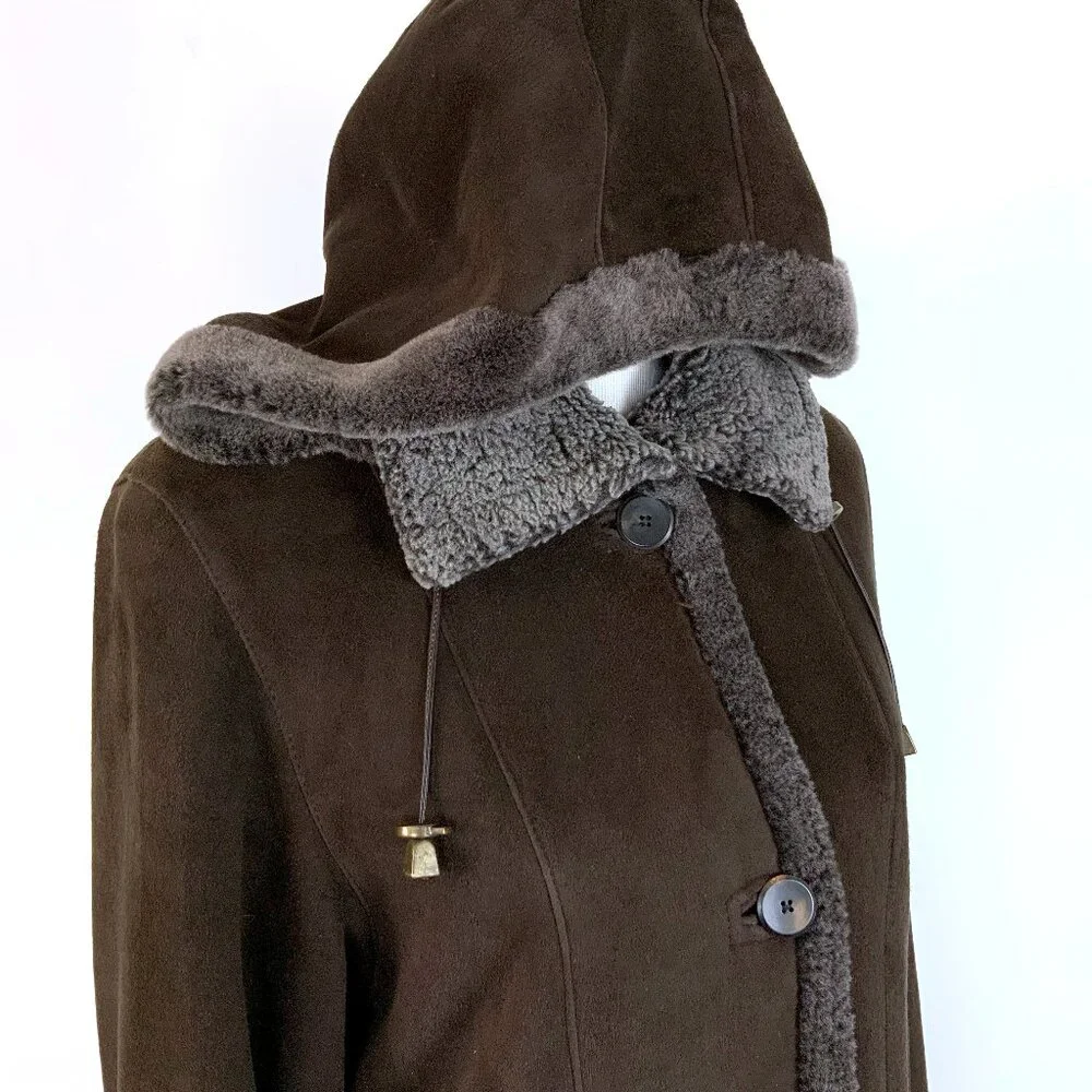Marco Gianotti Macy's Brown Genuine Sherling Hooded Coat Sz 8 - Picture 9 of 16